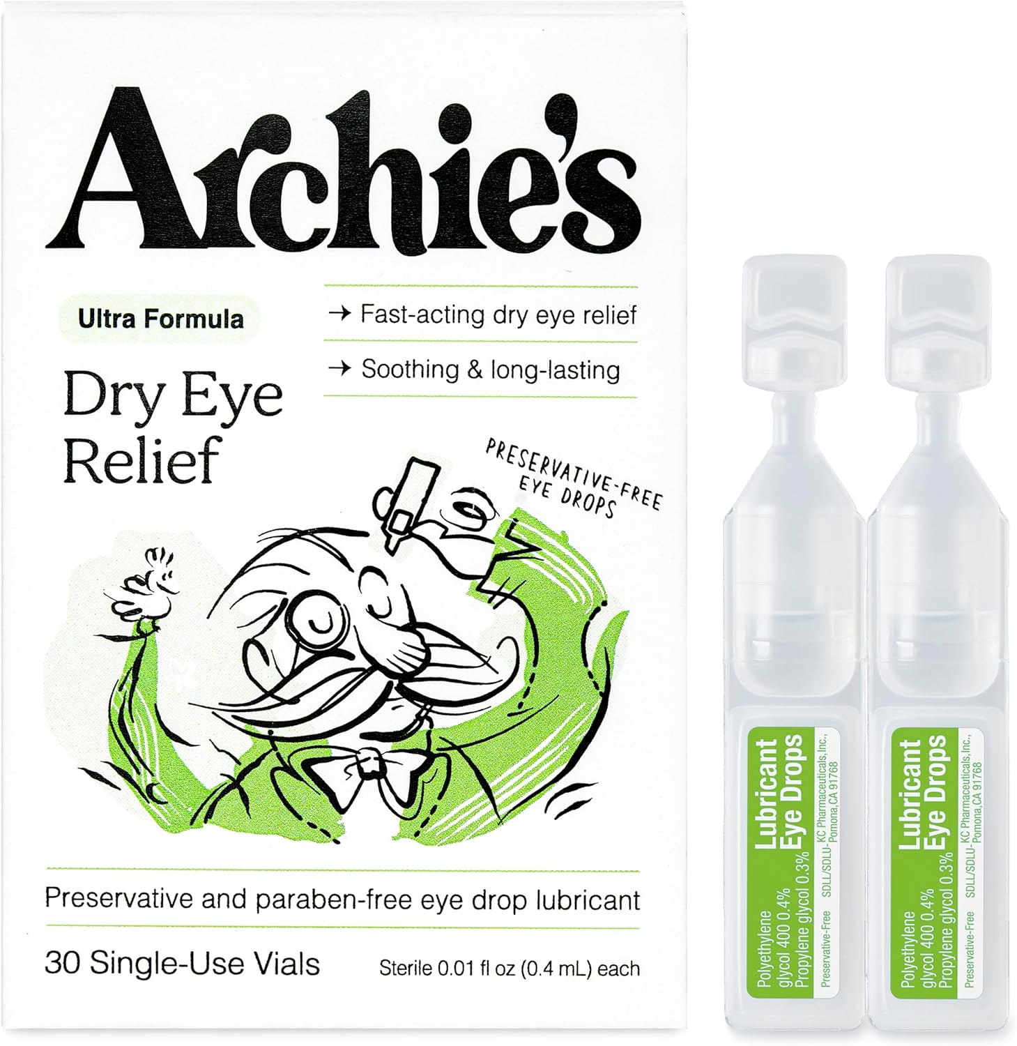 Archie's Remedies Dry Eye Relief front packaging showing 30 sterile vials.