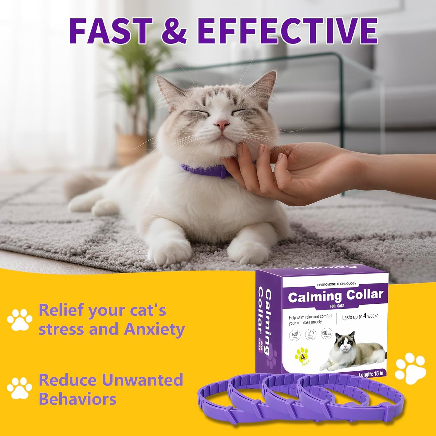 Adjustable purple feline pheromone anxiety relief collar on a cat