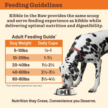 Primal Kibble in the Raw adult dog food packaging highlighting natural enzymes and digestive health benefits.
