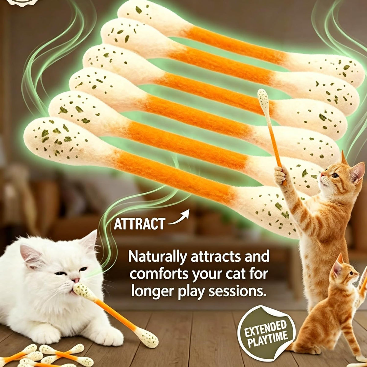 Six pack of catnip filled swab shaped cat toys