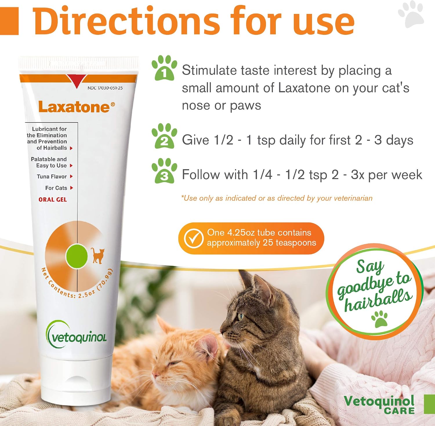 Vetoquinol Laxatone tuna flavored gel directions for pet use