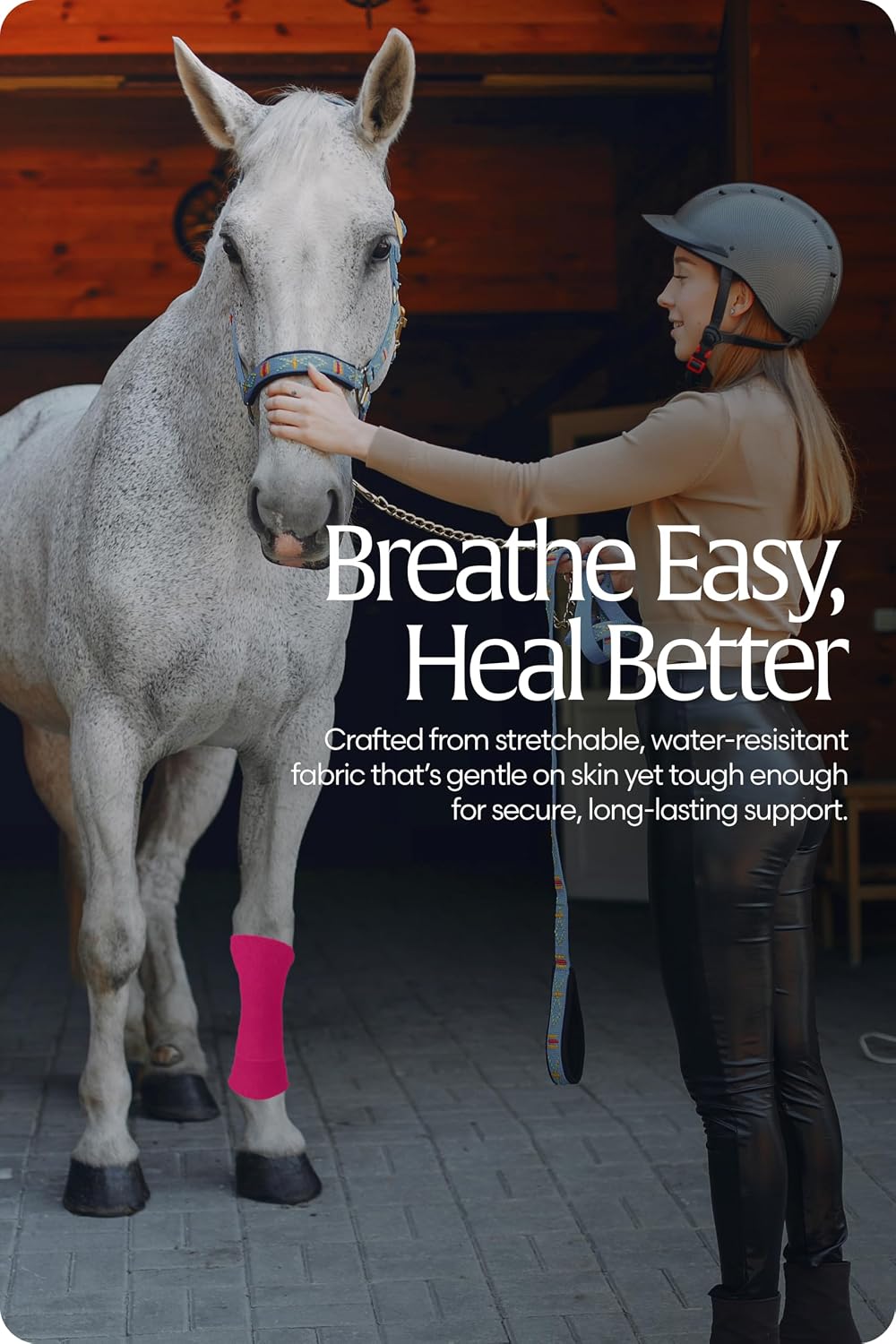 Equinavia bandage wrap applied to horse leg for support