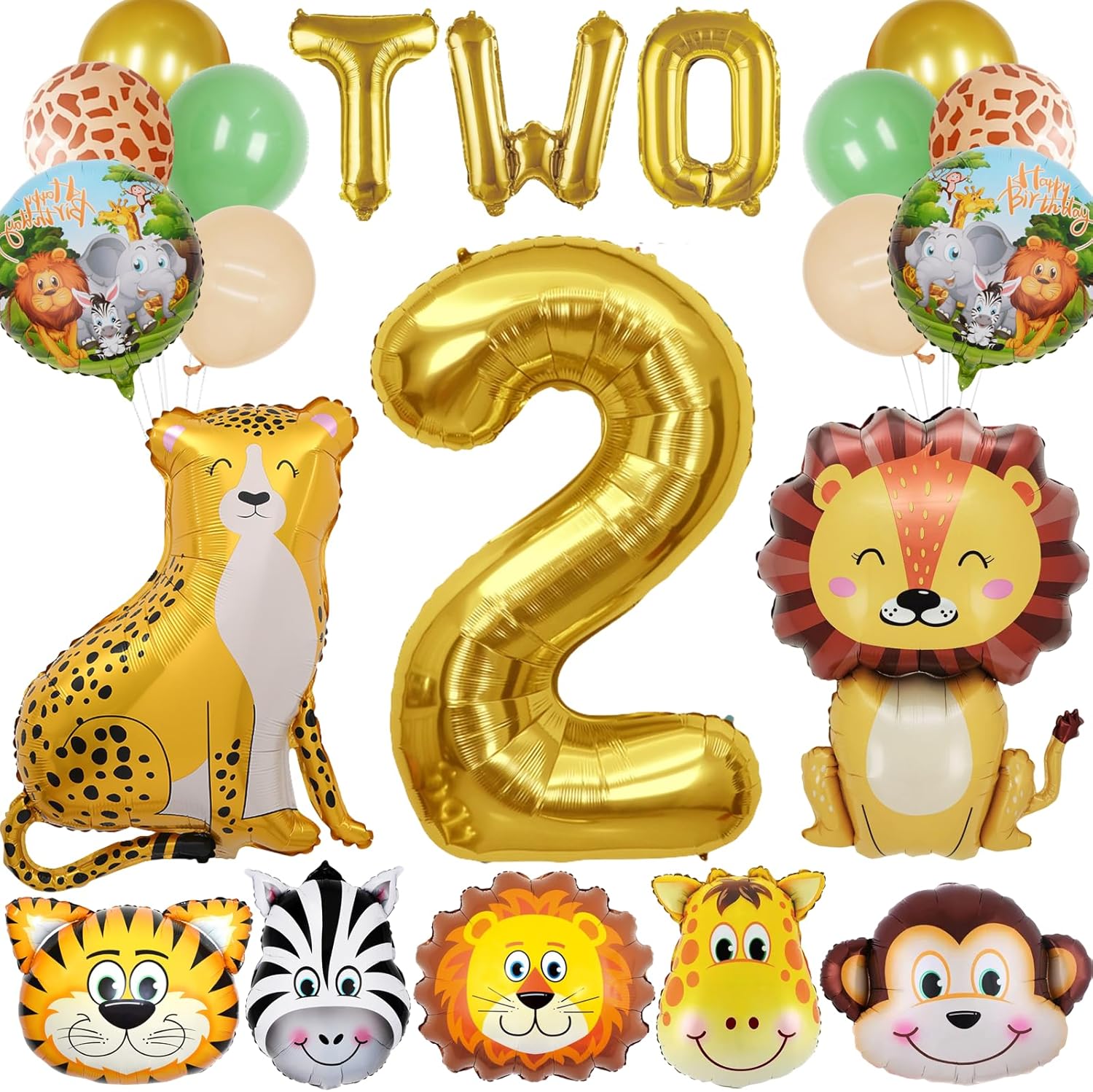 Aodesai Jungle Safari Animals Balloons Kit front view showcasing the complete twenty one piece celebration set.