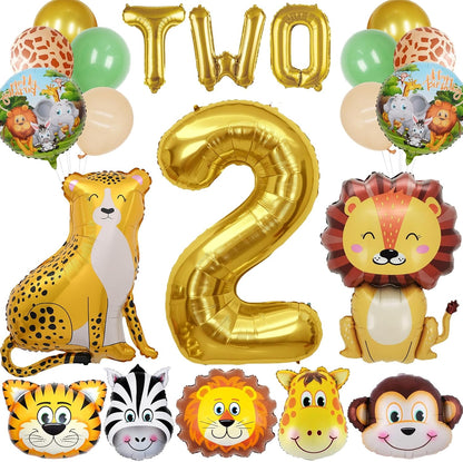 Aodesai Jungle Safari Animals Balloons Kit front view showcasing the complete twenty one piece celebration set.