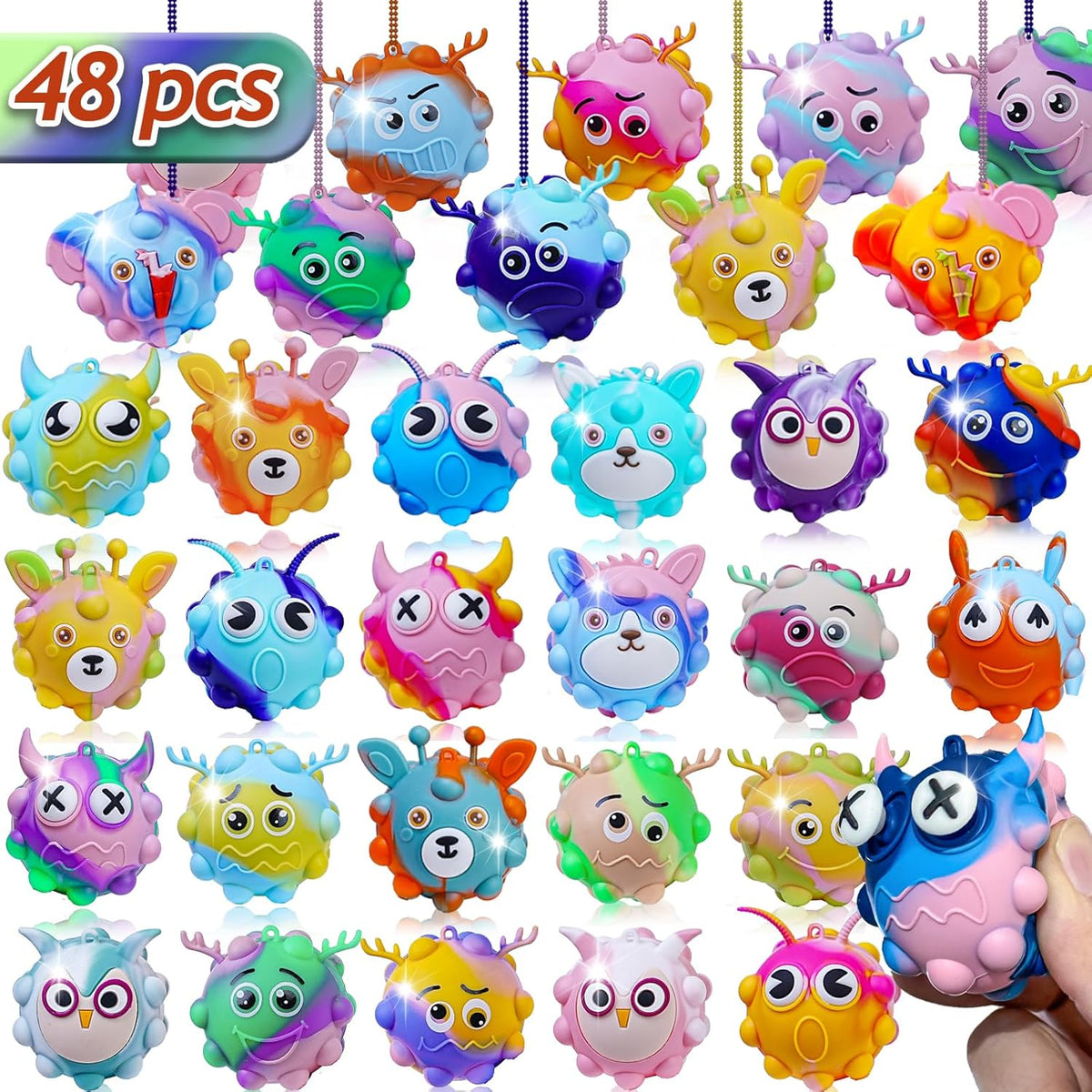 Supovil 48 Pack Pop Fidget Toys Bulk 3D Stress Ball Toy front view showing colorful animal designs.