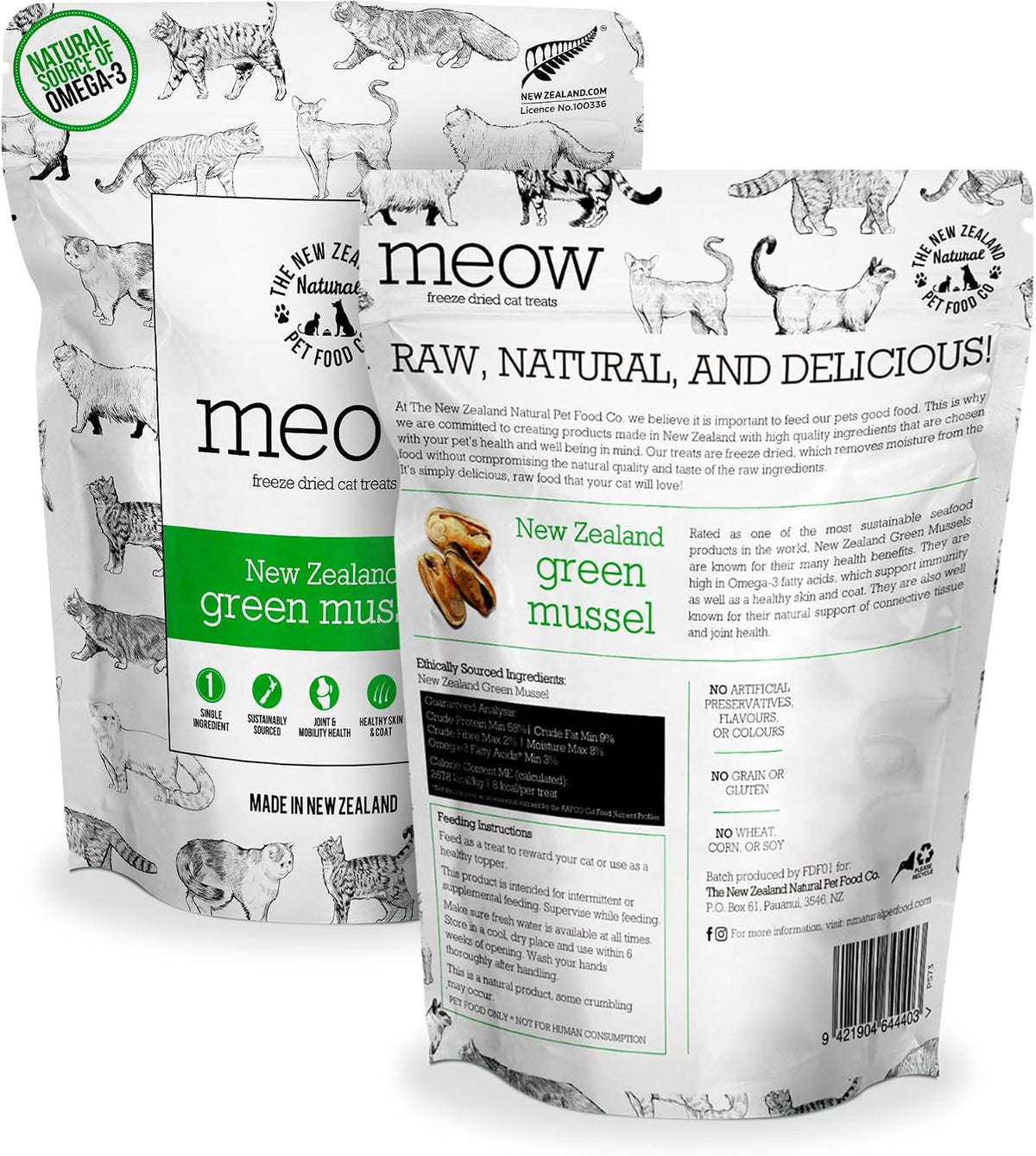 Close up of Meow freeze-dried cat treat packaging showing New Zealand origin