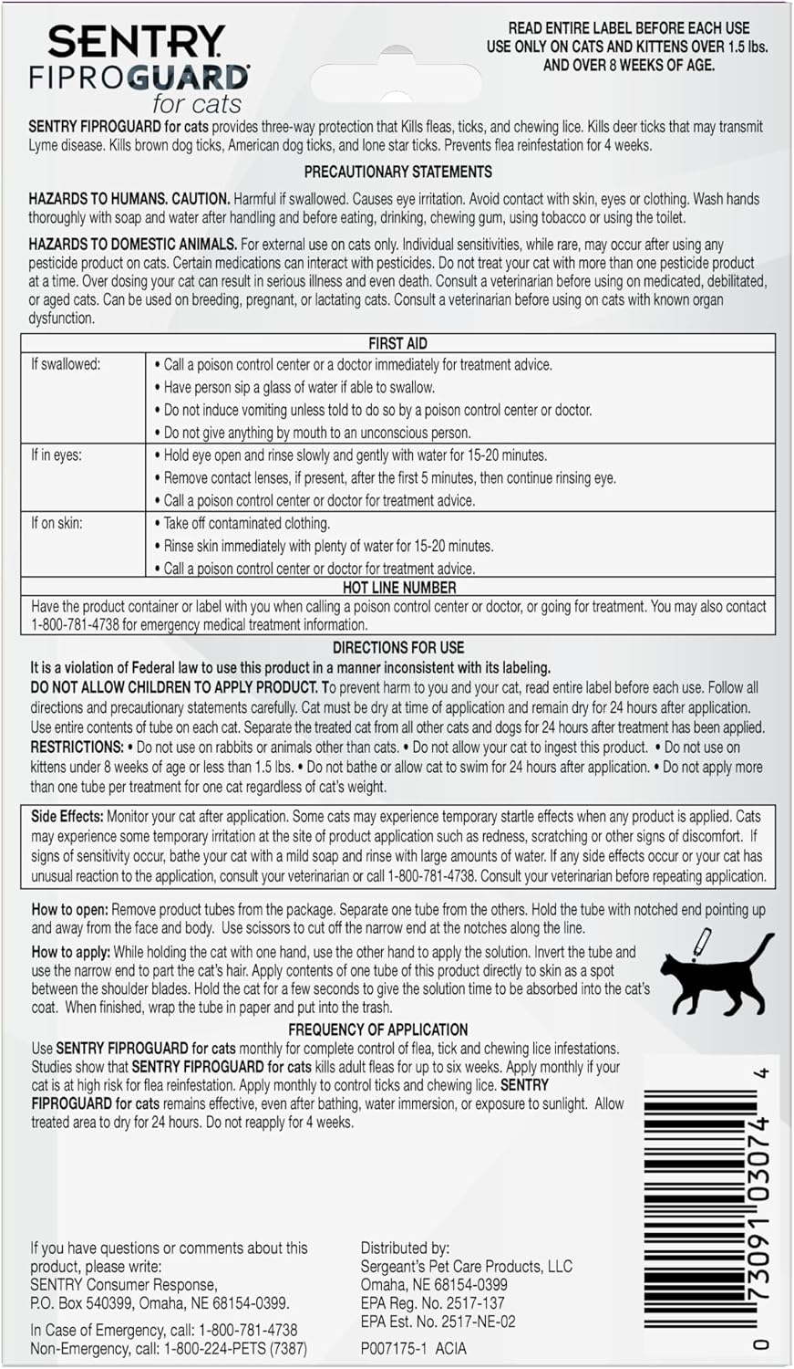 Waterproof flea and tick prevention topical liquid dose presentation for domestic cats.
