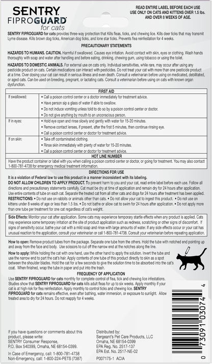 Waterproof flea and tick prevention topical liquid dose presentation for domestic cats.