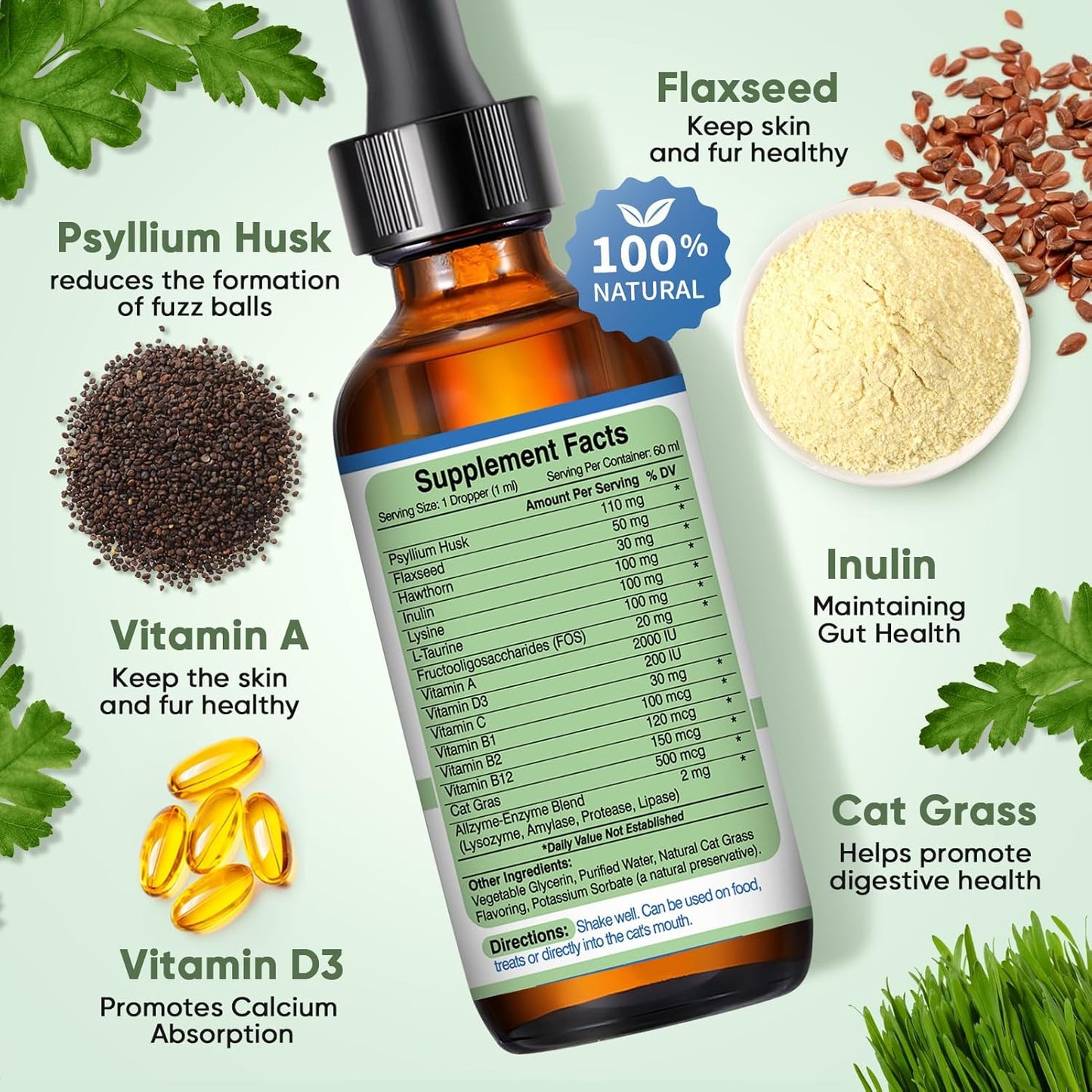Natural hairball treatment drops showing the cat grass flavor label indicator.