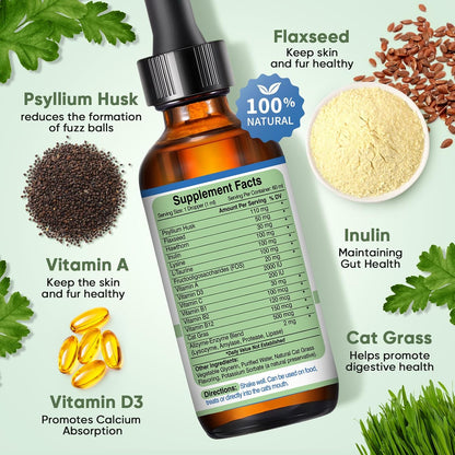 Natural hairball treatment drops showing the cat grass flavor label indicator.