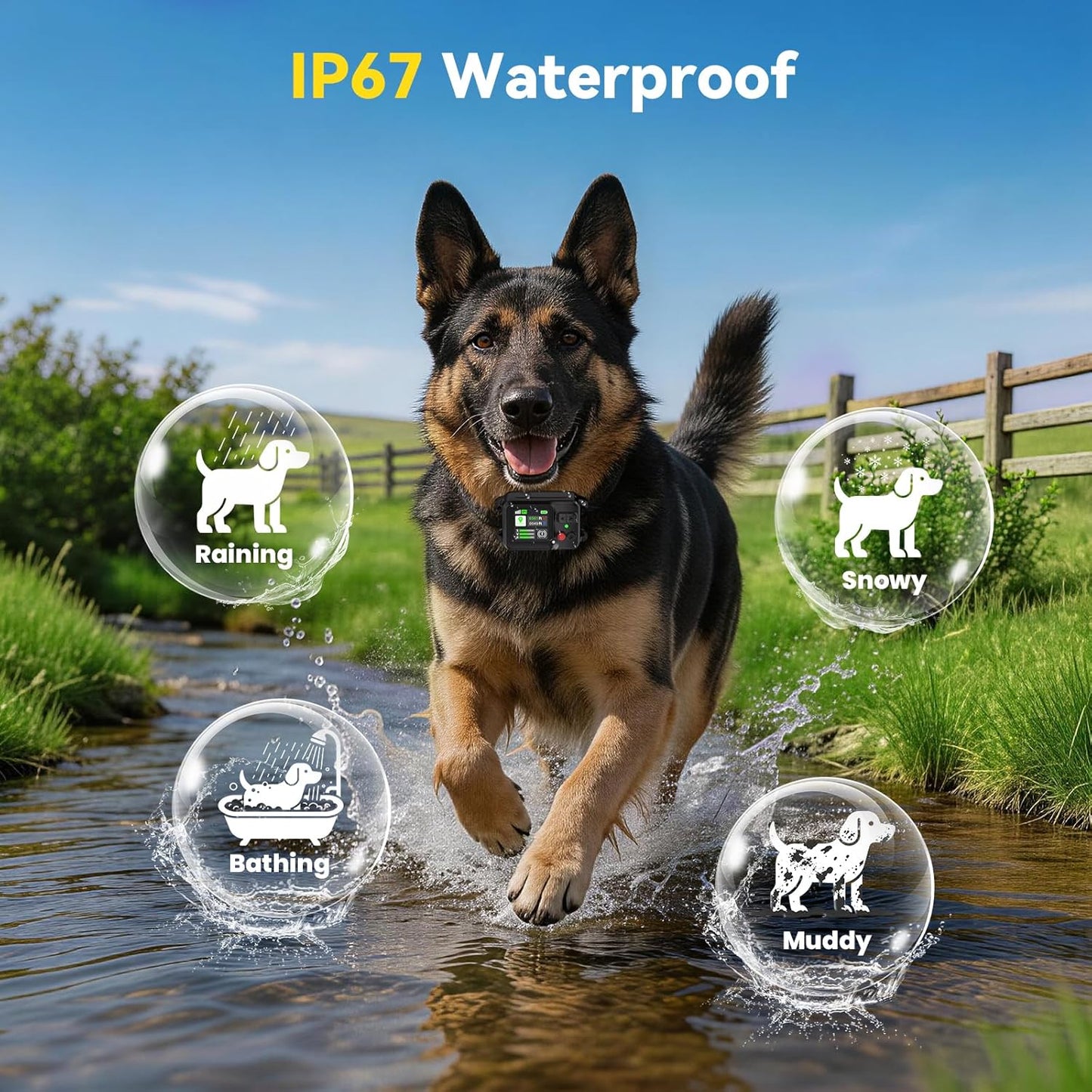 Close-up of the IP67 waterproof Prtrlfc GPS tracking collar showing signal strength indicators.