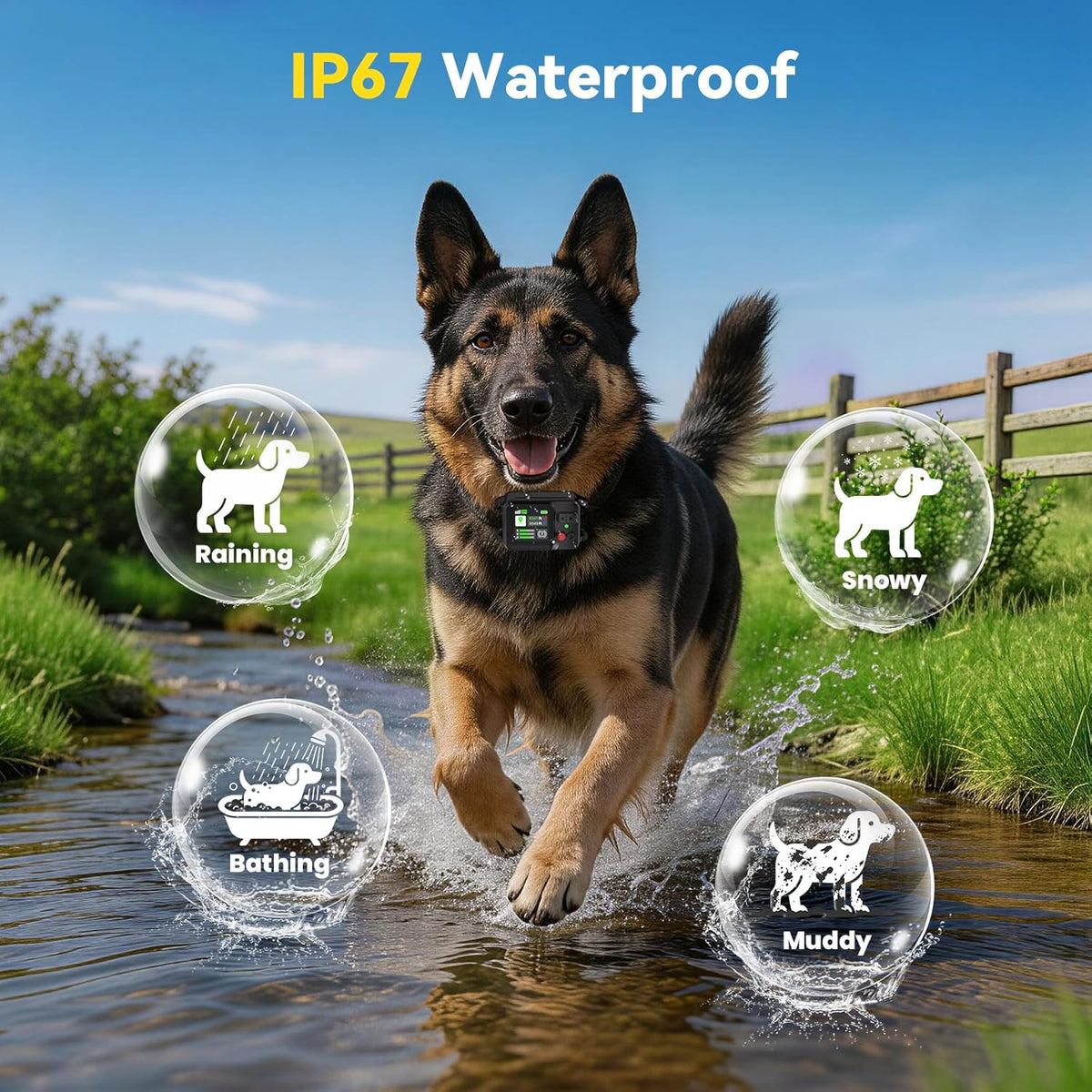 Close-up of the IP67 waterproof Prtrlfc GPS tracking collar showing signal strength indicators.