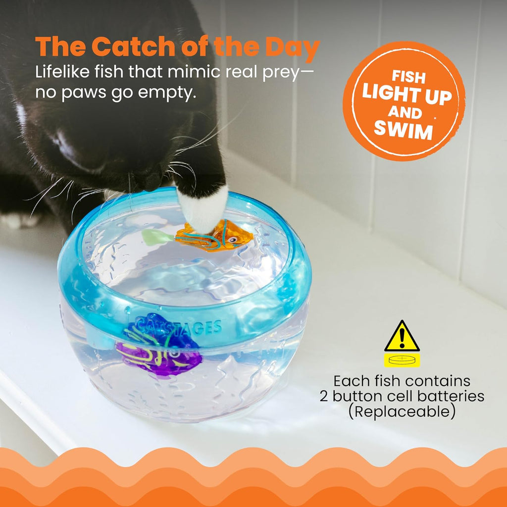 Indoor kitten swatting at the multicolored Catstages Meow-Smerizing replacement fish.