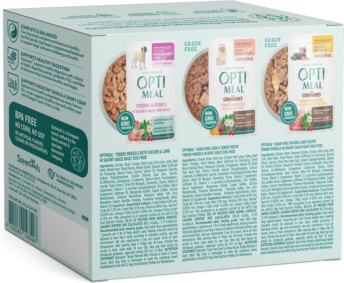 Optimeal grain free tender morsels in aspic individual flavor pouches display