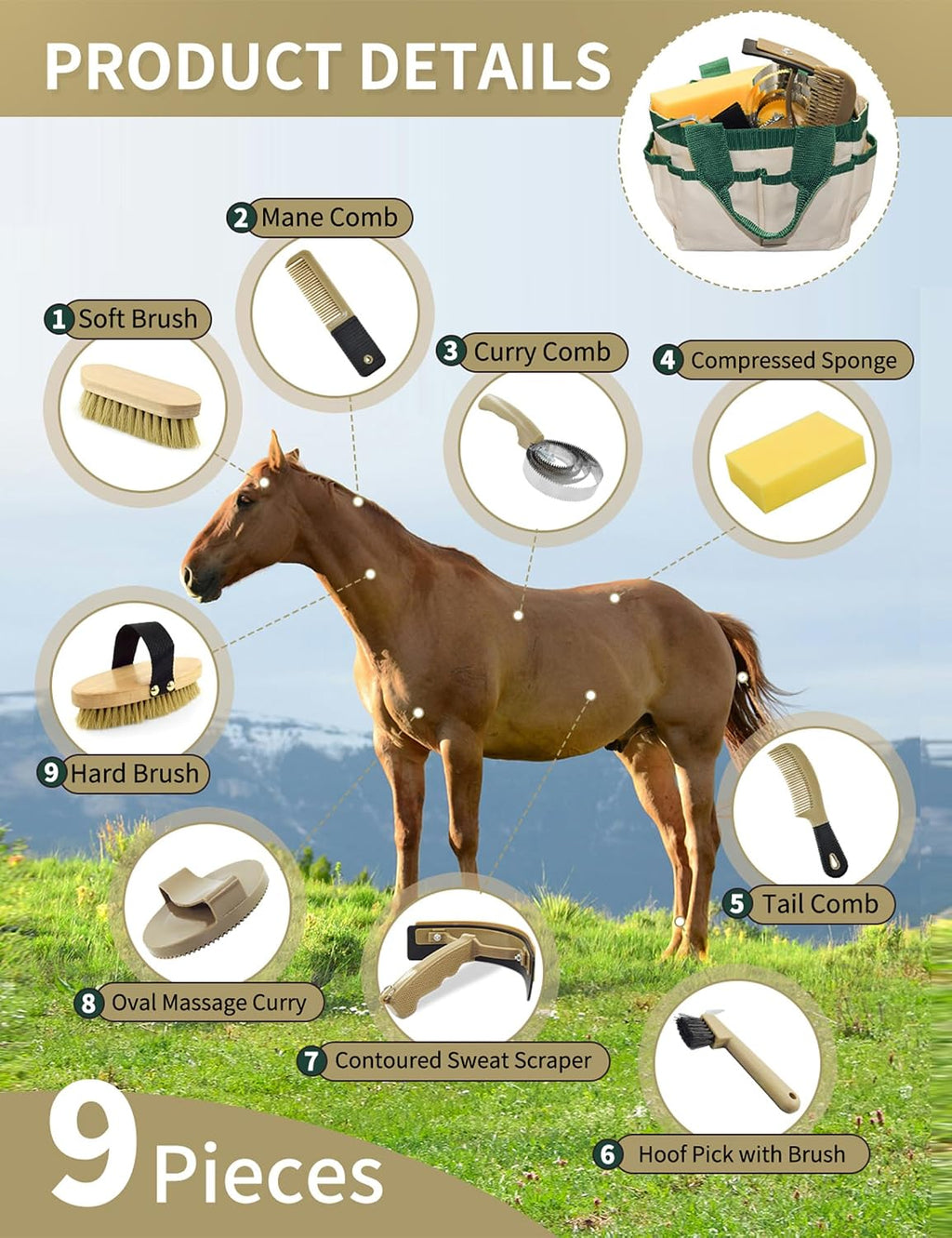 Horse grooming kit with brushes and hoof pick in green tote bag