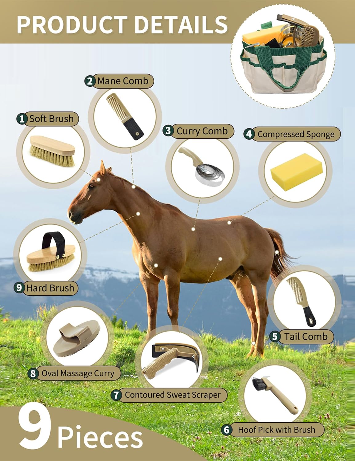 Horse grooming kit with brushes and hoof pick in green tote bag