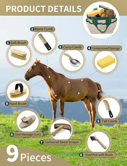 Horse grooming kit with brushes and hoof pick in green tote bag