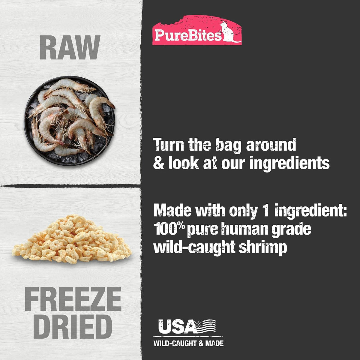 PureBites shrimp cat treat bits displayed outside the pouch
