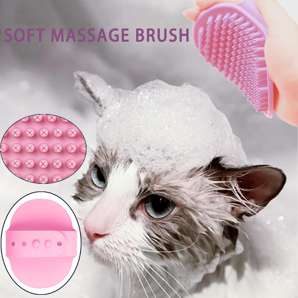Soft rubber feline massage brush being used during a cat bath session