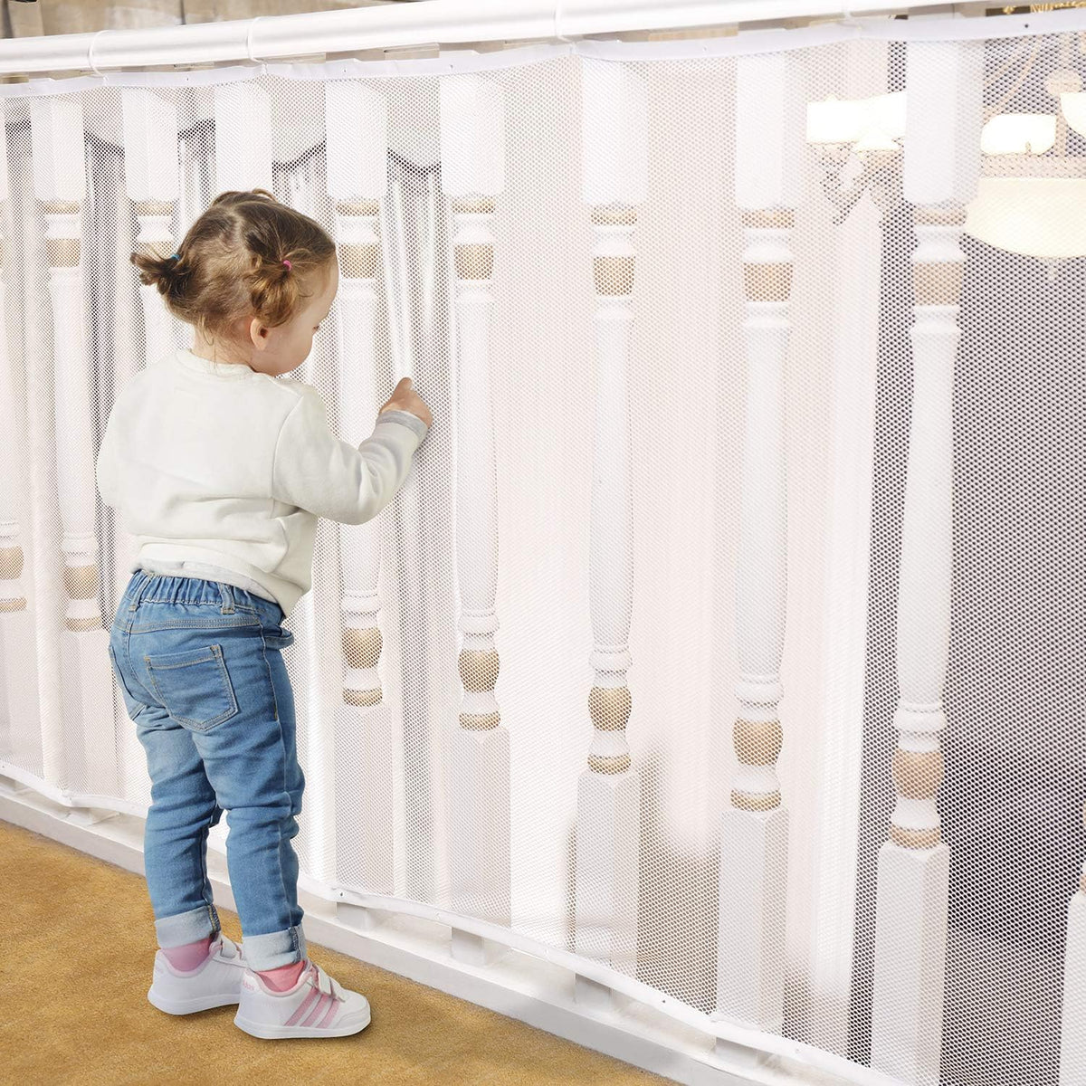 Minne Baby banister guard front view on white staircase railing.