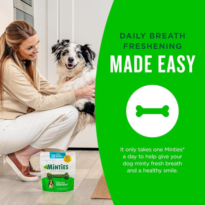 Authentic Minties dog dental bones package detailing feeding instructions for medium dogs