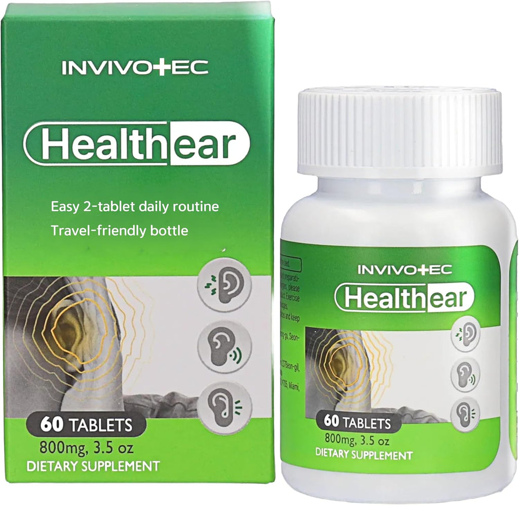 Invivotec Healthear ear wellness supplement front view bottle and box packaging