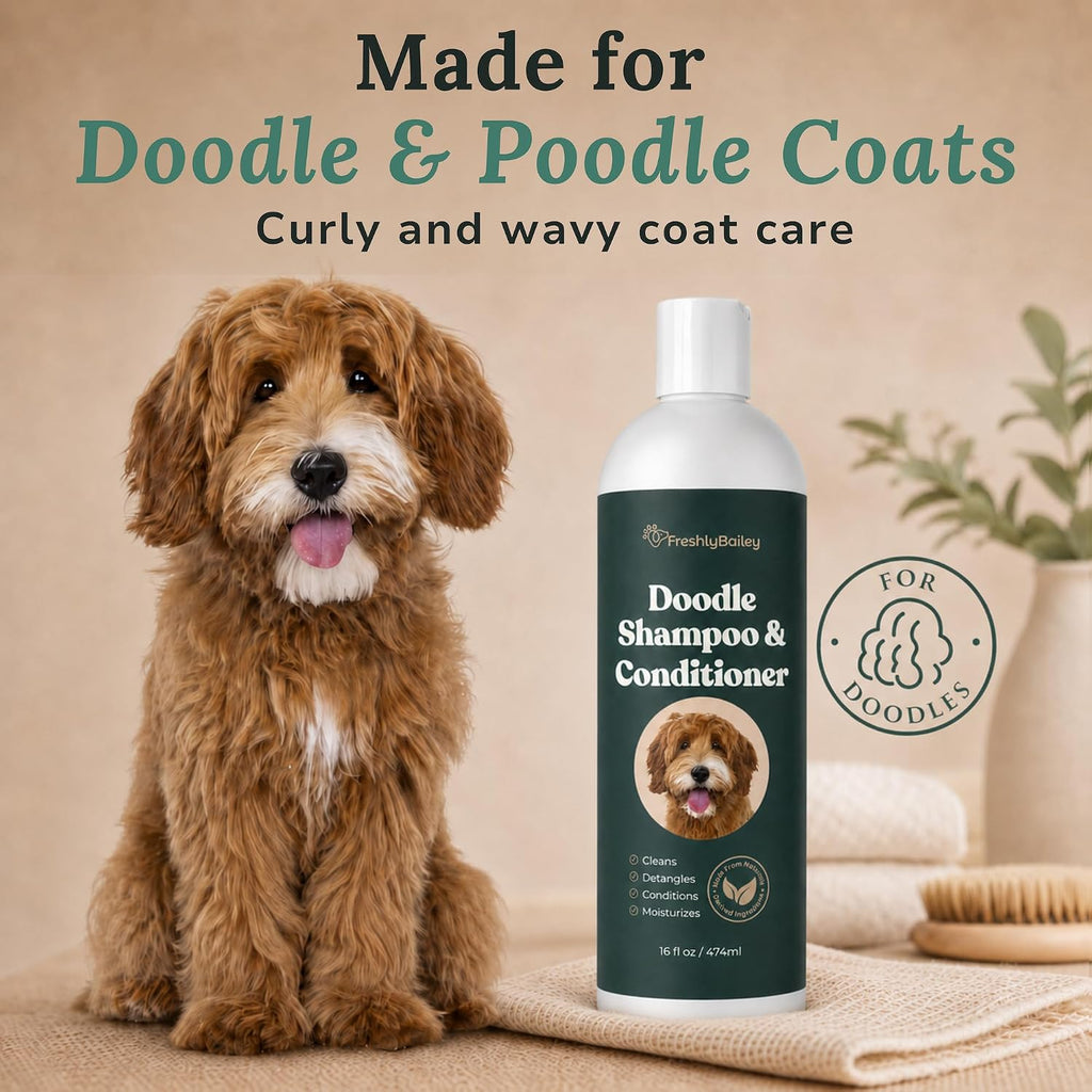 Freshly Bailey curly and wavy coat dog shampoo bottle packaging back view showing directions