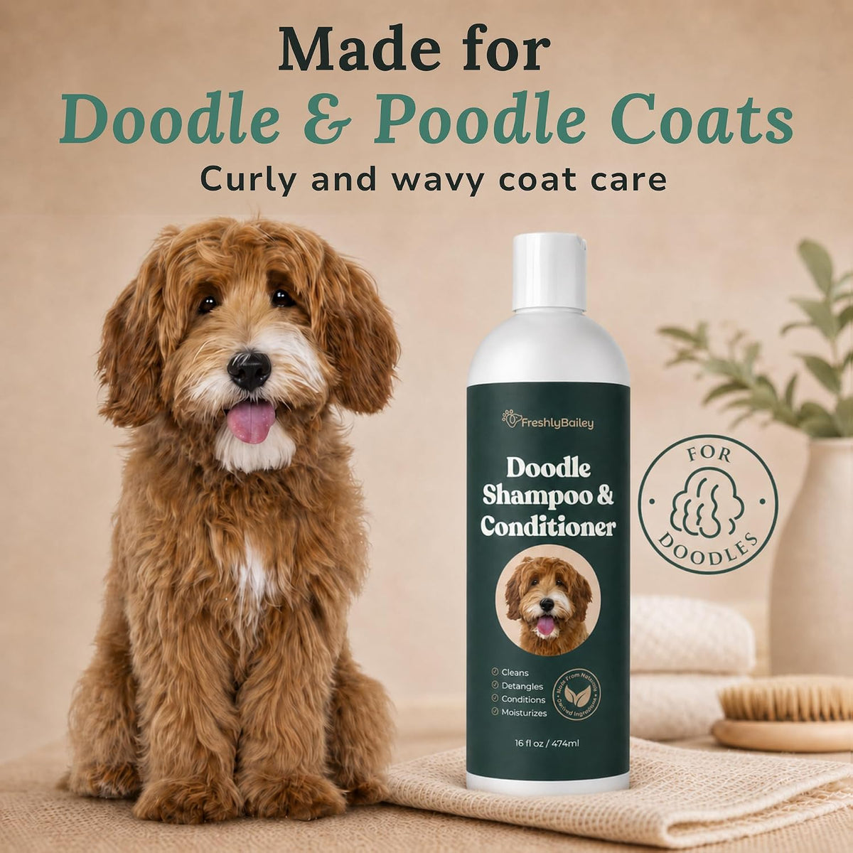 Freshly Bailey curly and wavy coat dog shampoo bottle packaging back view showing directions