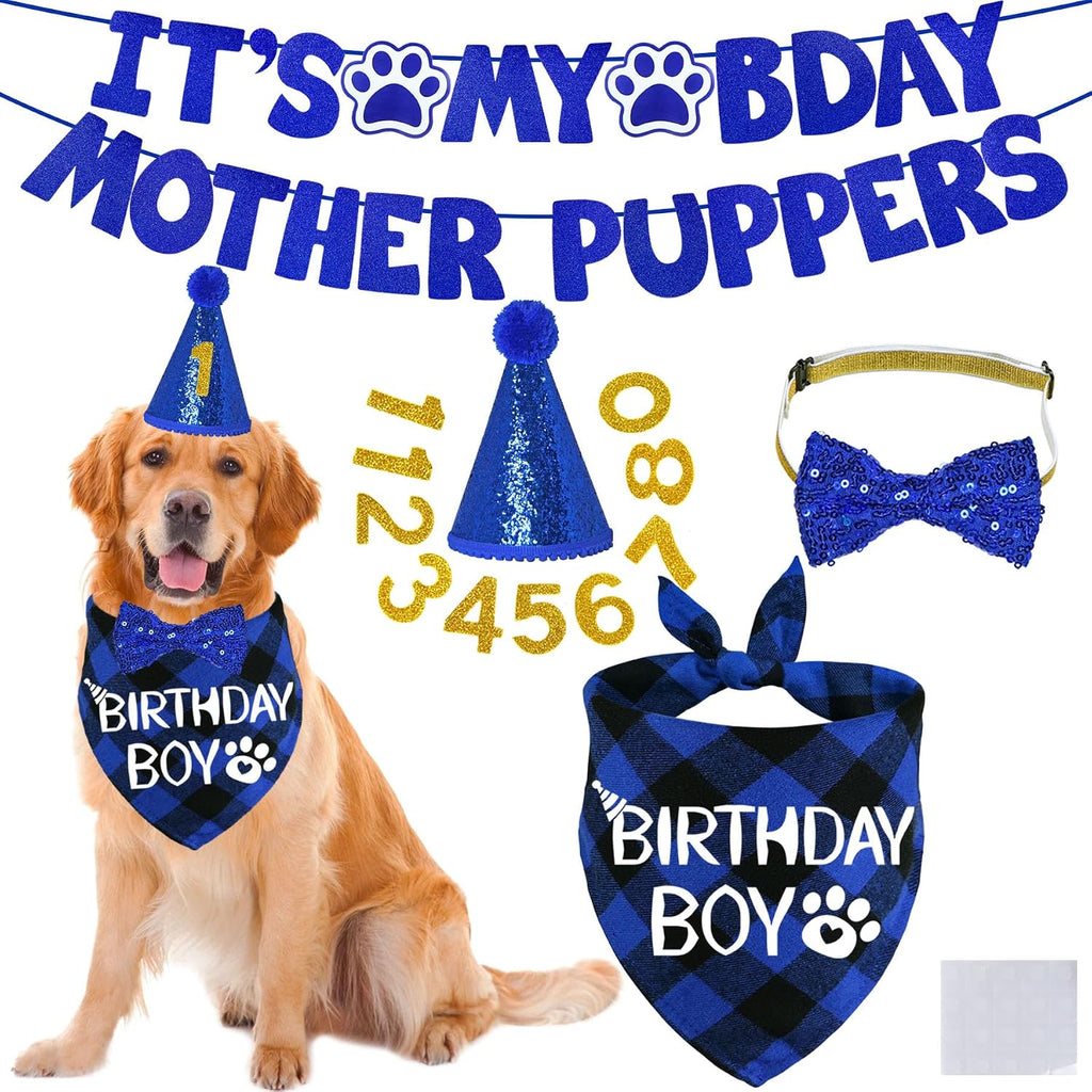 STMK Dog Birthday Decorations, Multi Sizes Dog Birthday Hat with Numbers Bandana Bow Tie It's My Bday Mother Puppers Banner for Small Medium Dogs Pets (Blue, Small) - Image 9