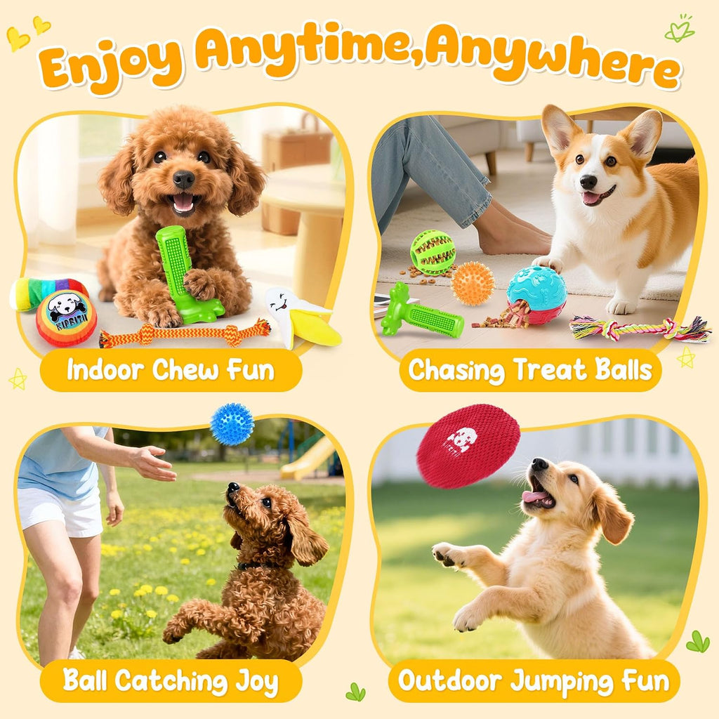 KIPRITII interactive dog toy collection showcasing squeaky plushies and treat dispensing balls.