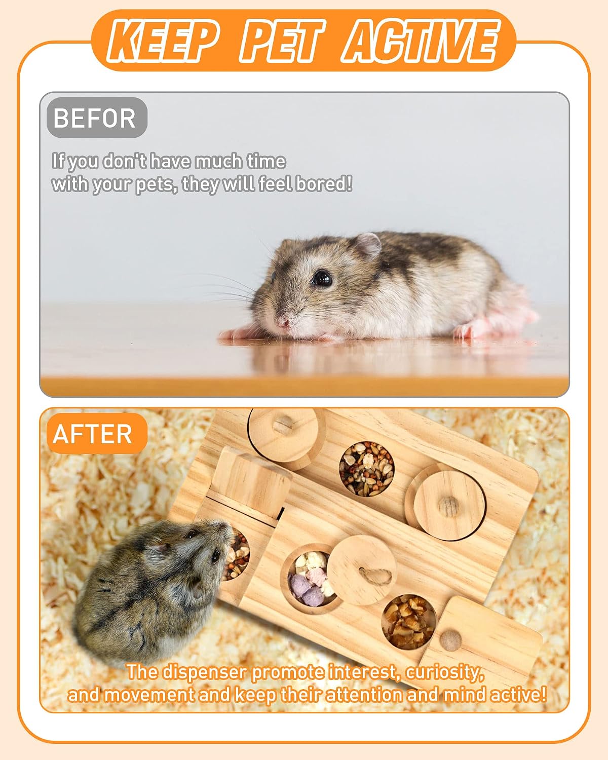 MWAOWM small rodent problem solving puzzle toy showing dimensions and packaging box
