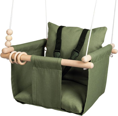 Mass Lumber canvas baby swing front view in olive green