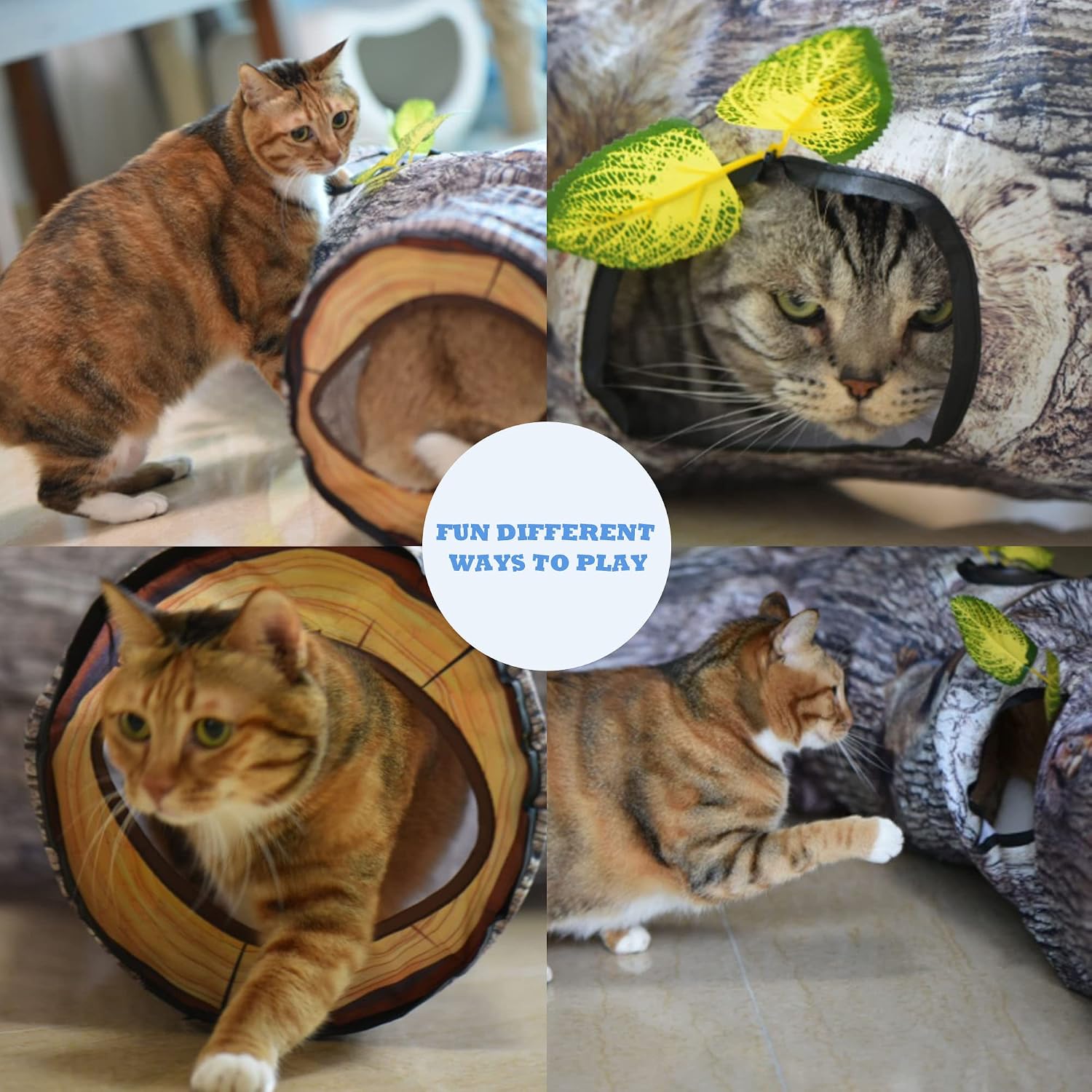 Three way interactive cat tube toy expanded in a living room
