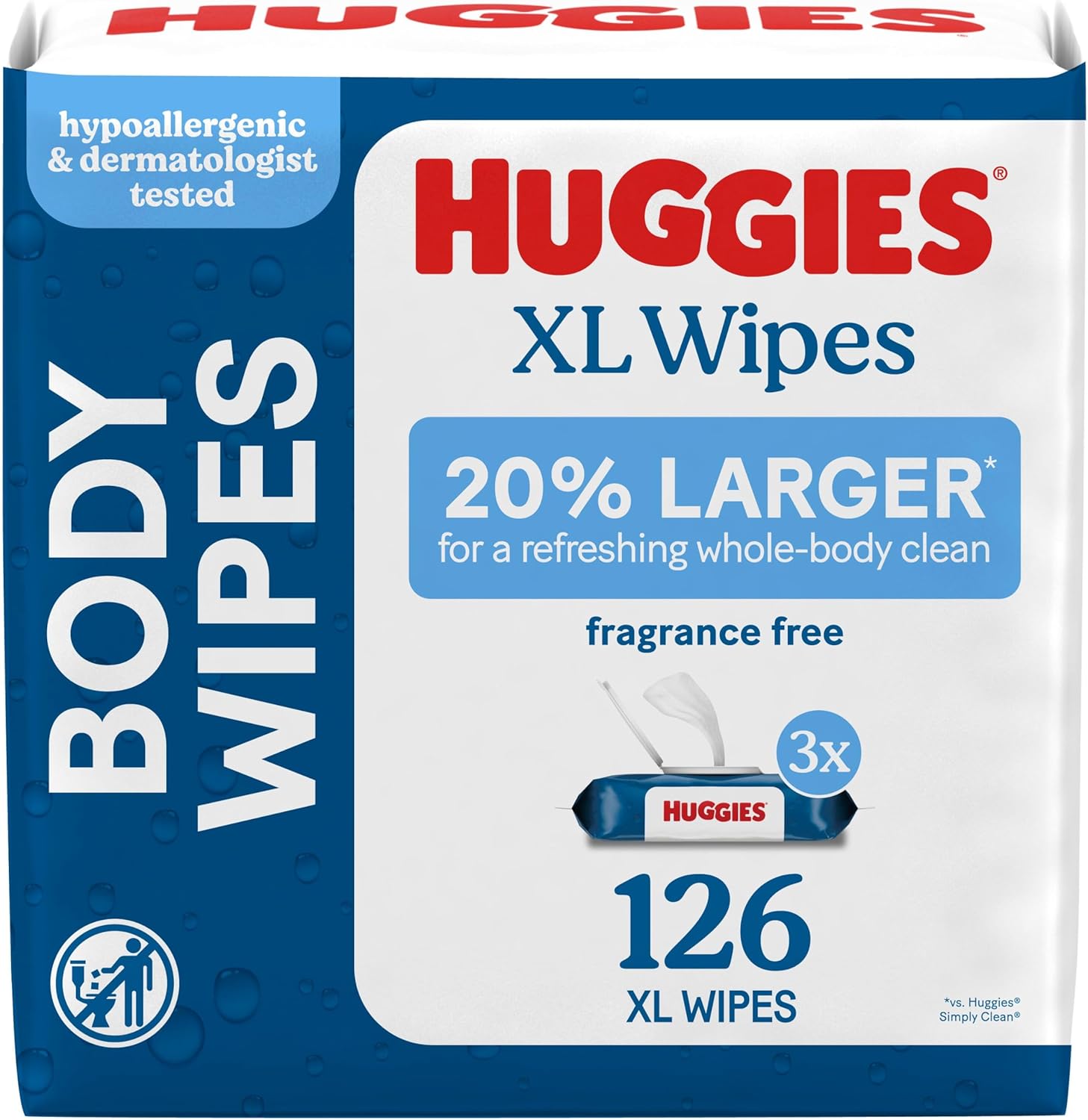 Huggies Extra Large Unscented Wipes front view of three flip top packs imported baby care