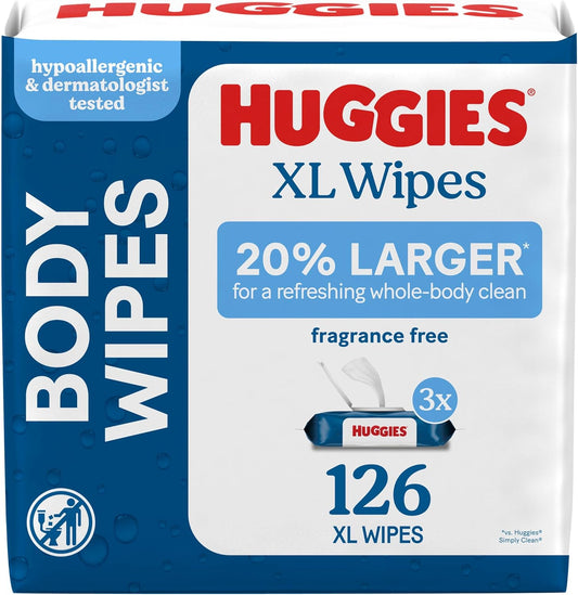 Huggies Extra Large Unscented Wipes front view of three flip top packs imported baby care