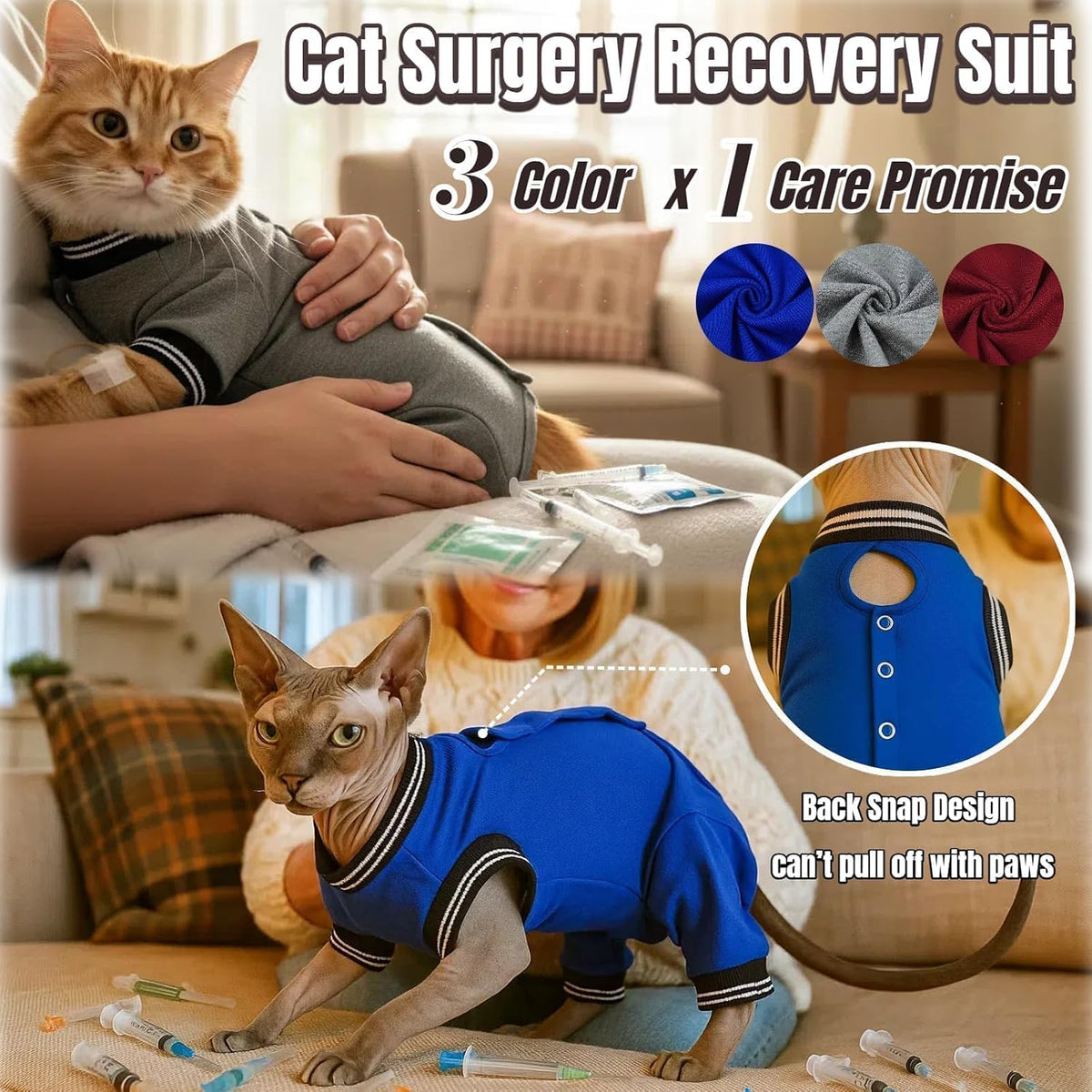 Snug fit cat onesie after spay surgery with rear leg sleeves