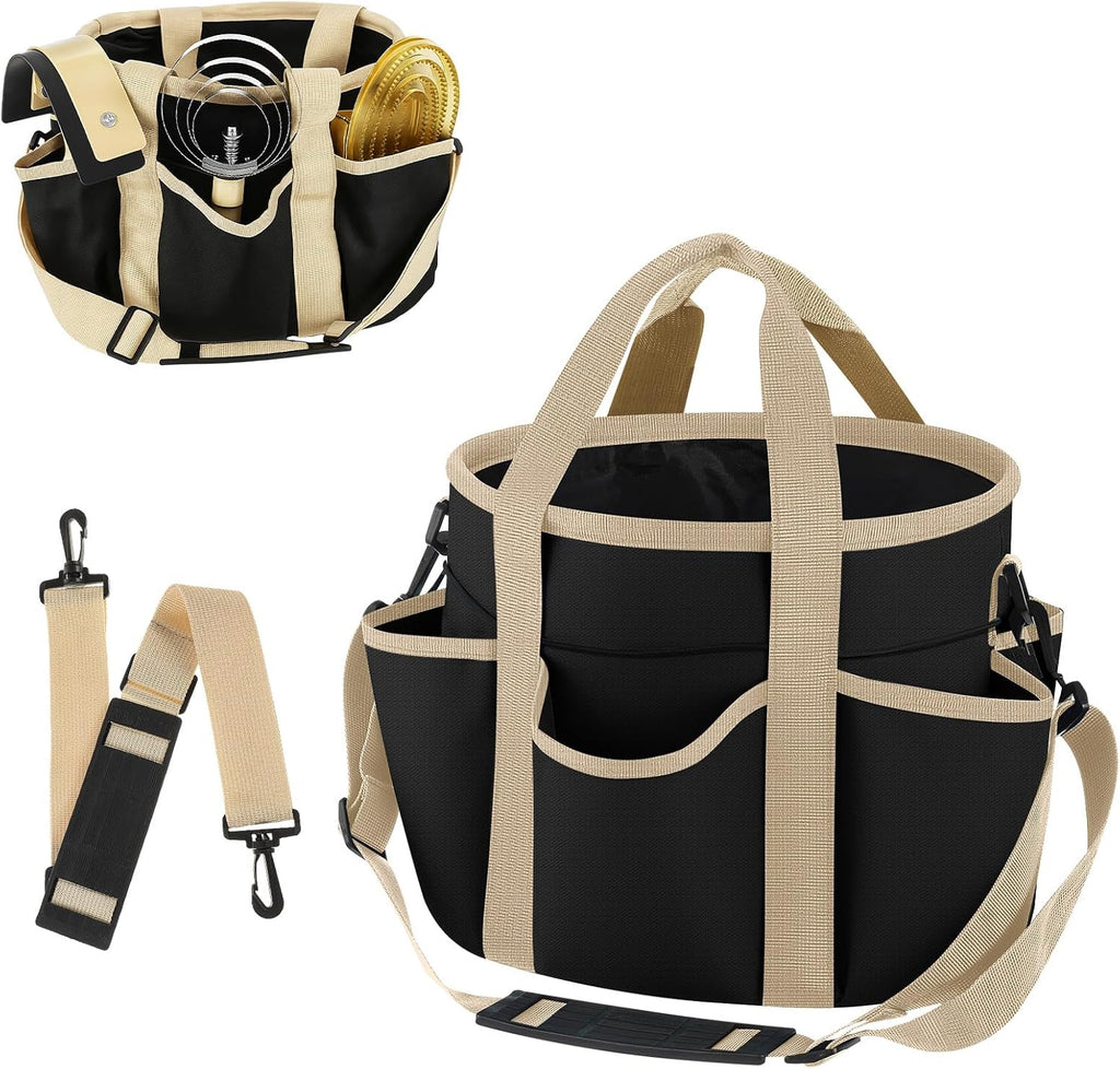 Abbylike grooming tote bag front view showing khaki and black oxford cloth design.
