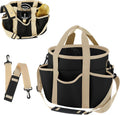 Abbylike grooming tote bag front view showing khaki and black oxford cloth design.