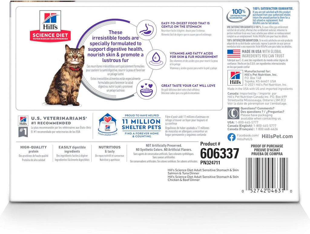 Hill's Science Diet sensitive stomach cat food pouches showing chicken and beef and salmon and tuna flavors.