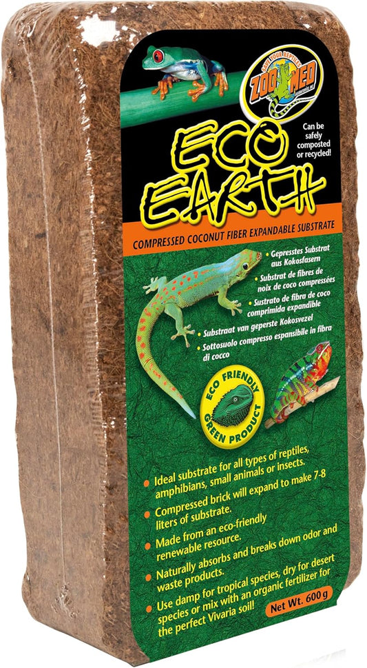 Zoo Med Eco Earth Compressed Coconut Fiber Substrate front view packaging for reptile terrariums.
