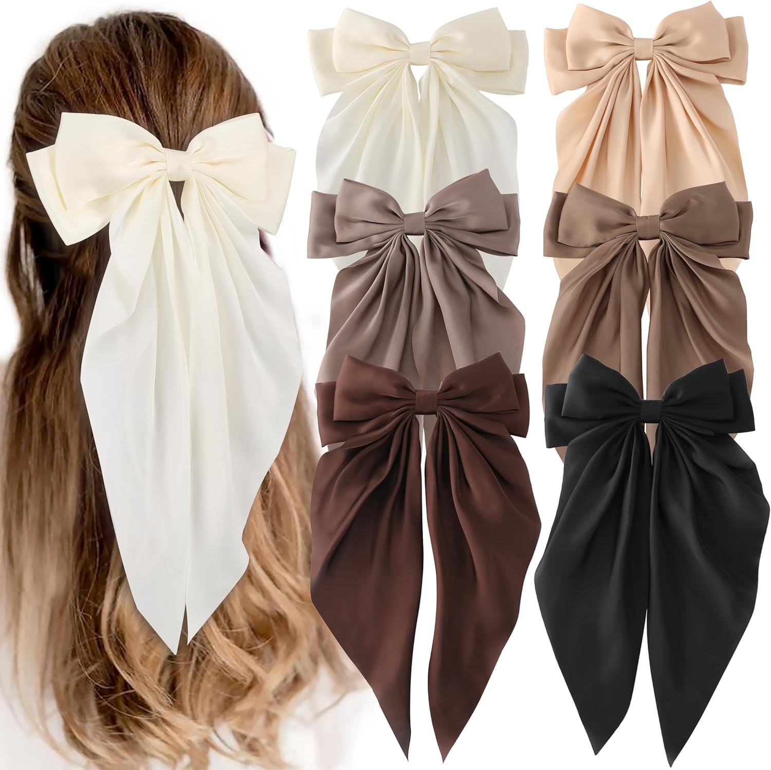 Unbednigt satin hair bows 6 pieces set front view showing neutral tones aesthetic hair accessories