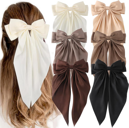 Unbednigt satin hair bows 6 pieces set front view showing neutral tones aesthetic hair accessories