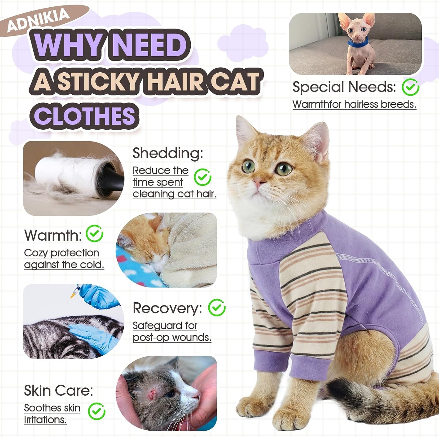 Authentic Adnikia cat apparel for shedding control