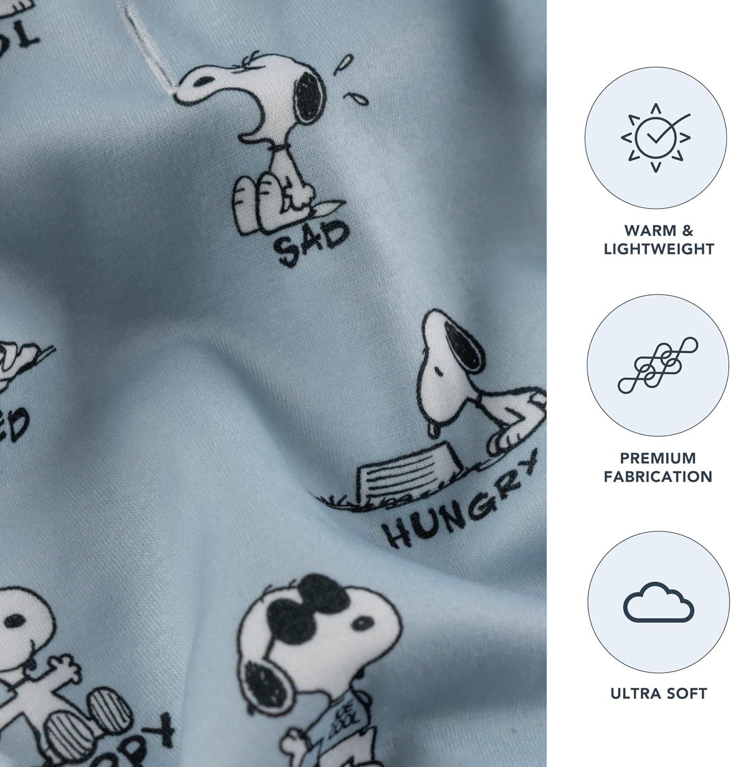 Close-up view of the printed heathered terry fabric on the Berkshire Blanket Snoopy different emotion hoodie.