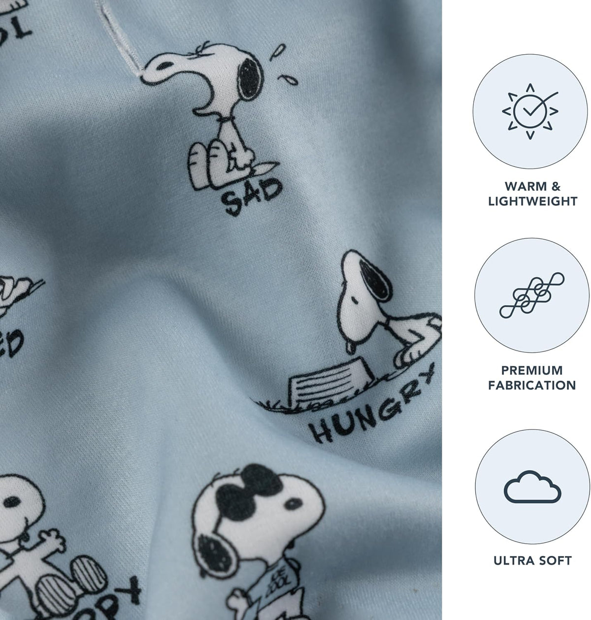 Close-up view of the printed heathered terry fabric on the Berkshire Blanket Snoopy different emotion hoodie.