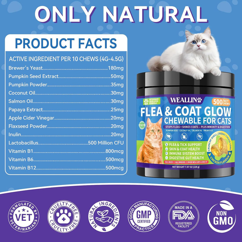 Flea and Tick Prevention for Cats - 500 Crunchy & Creamy Chews, Cat Flea Treatment with Skin & Coat Support, Oral Natural Flea Chewables for Gut & Immunity Support for All Breeds & Ages Chicken Flavor - Image 9