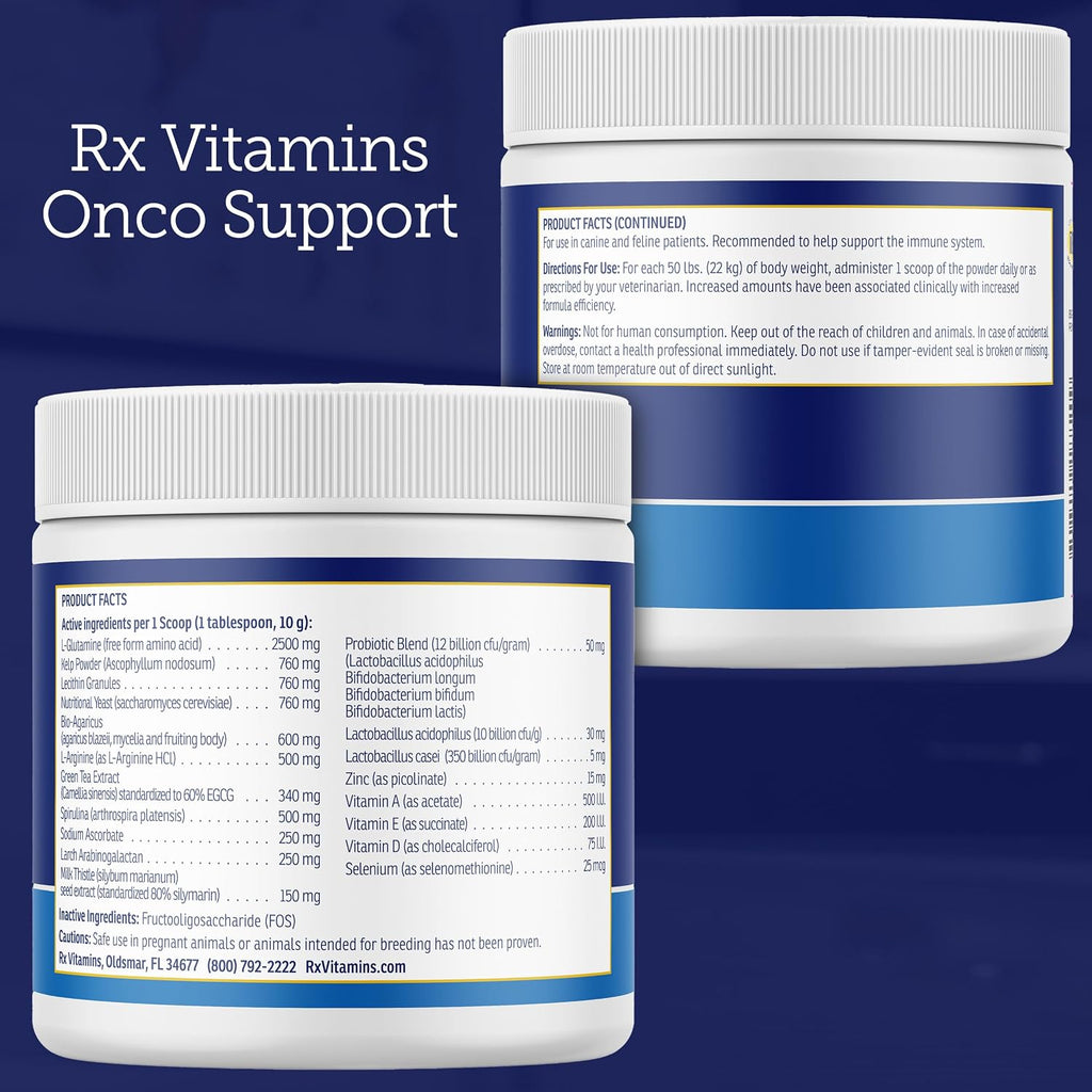USA imported Rx Vitamins Onco Support 300 grams container close up.