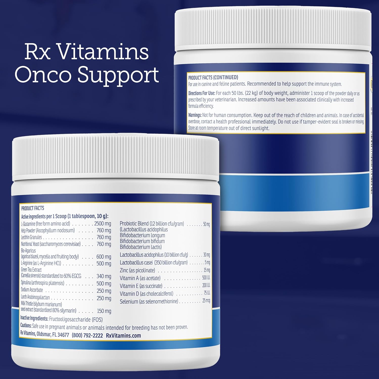 USA imported Rx Vitamins Onco Support 300 grams container close up.