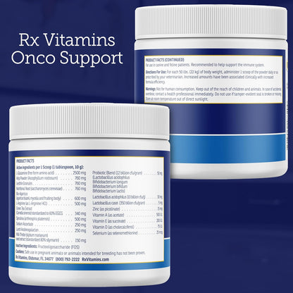 USA imported Rx Vitamins Onco Support 300 grams container close up.