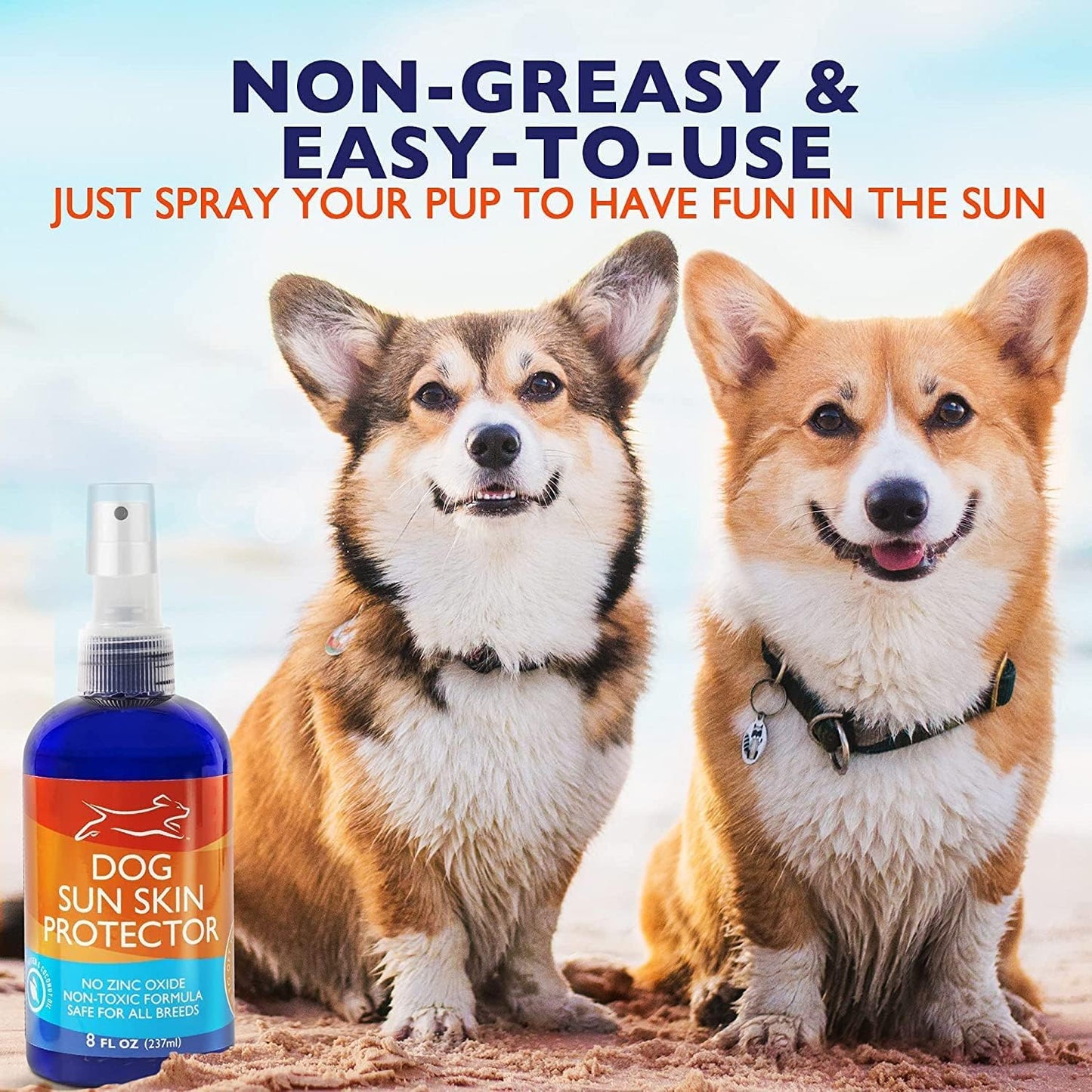Emmy's Best Pet Products canine sunblock showing instructions for outdoor beach and hiking use